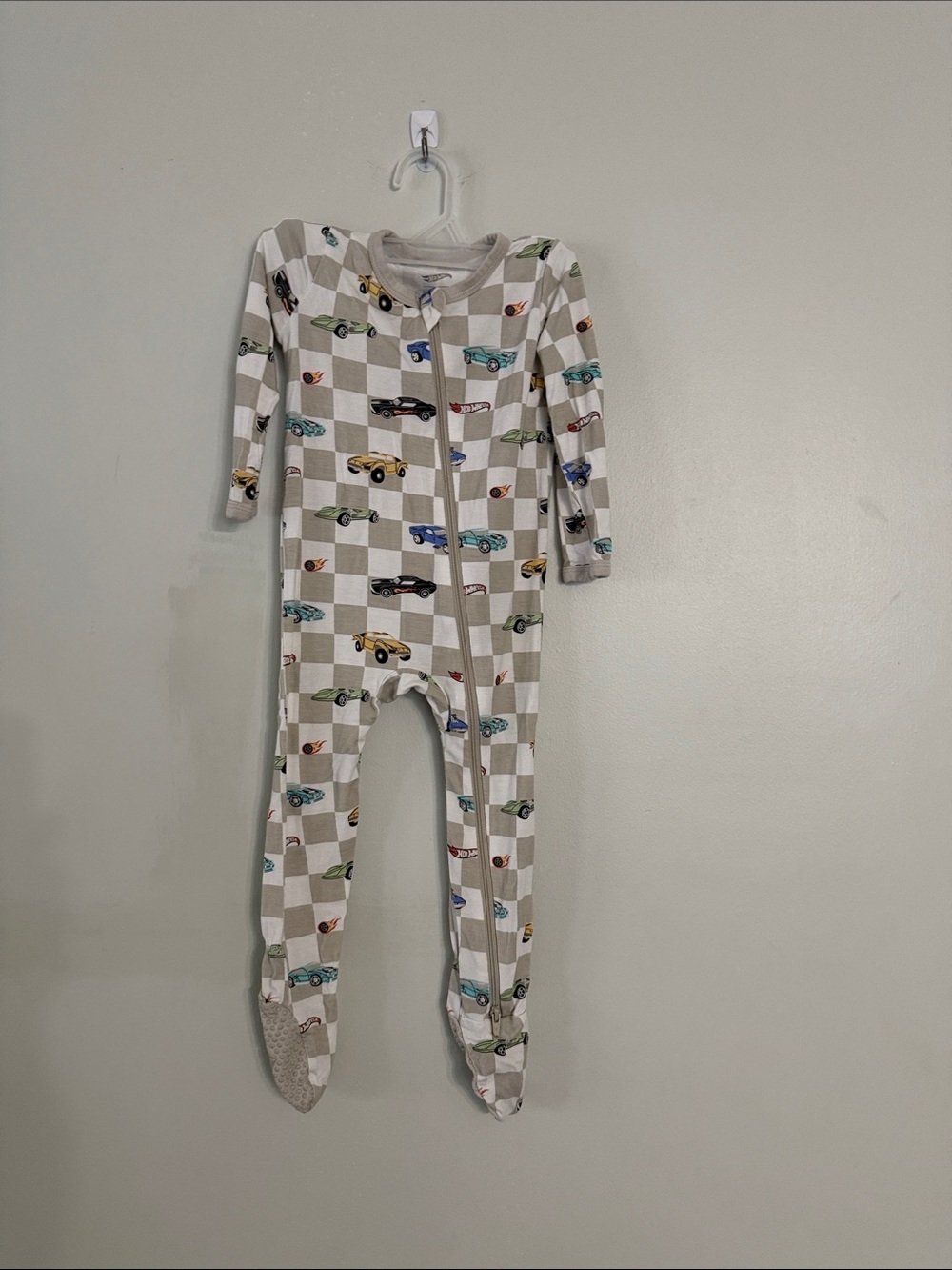 Kyte BABY Beige Checkered Footed One-Piece with Colorful Hot Wheels Car Print